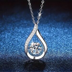 Silver Synthetic Zirconia Flutter Teardrop Pendant Necklace